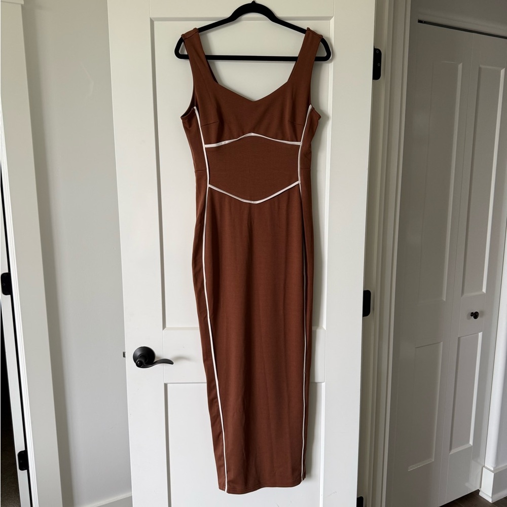 Women’s Brown Sleeveless Midi Dress with Contrast Trim